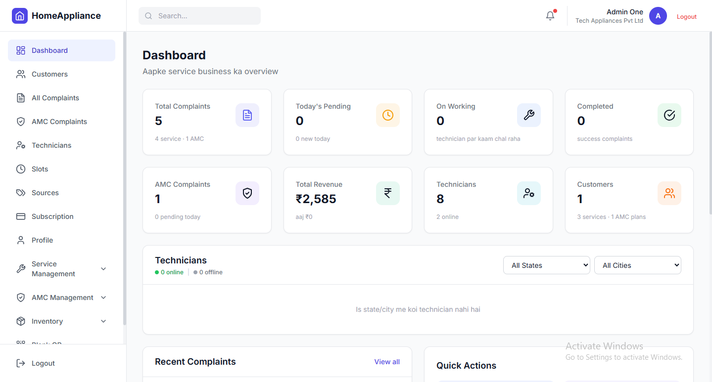 ServiceGo CRM Dashboard